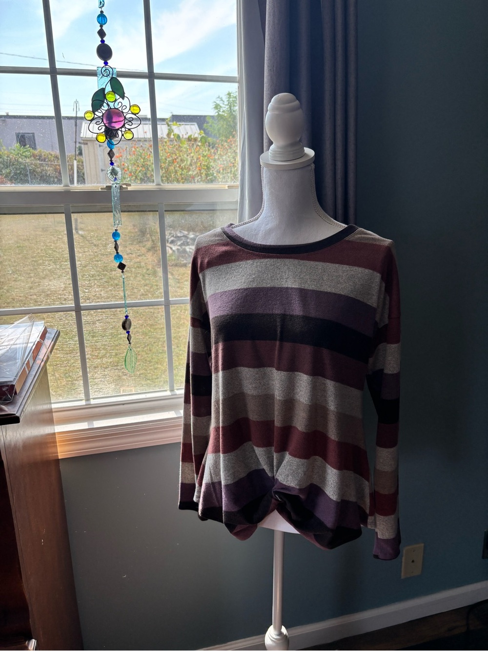Long Sleeve Striped Knot-Front Top - Burgundy, Purple, Gray